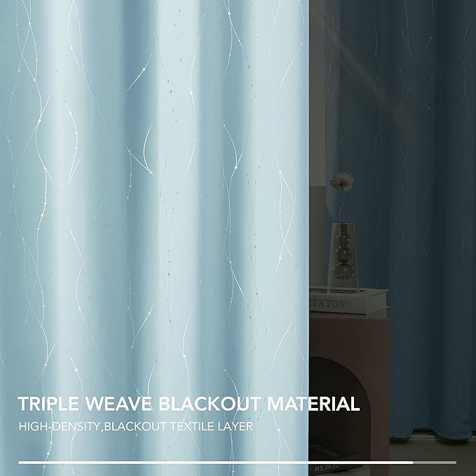 Deconovo Blackout Curtains, Thermal Insulated Soundproof Grommet Drapes, Wave Dot Foil Print, 38 x 90 Inch, Set of 2, Machine Washable Window Panel for Bedroom Living Room Nursery Kitchen, Light Blue