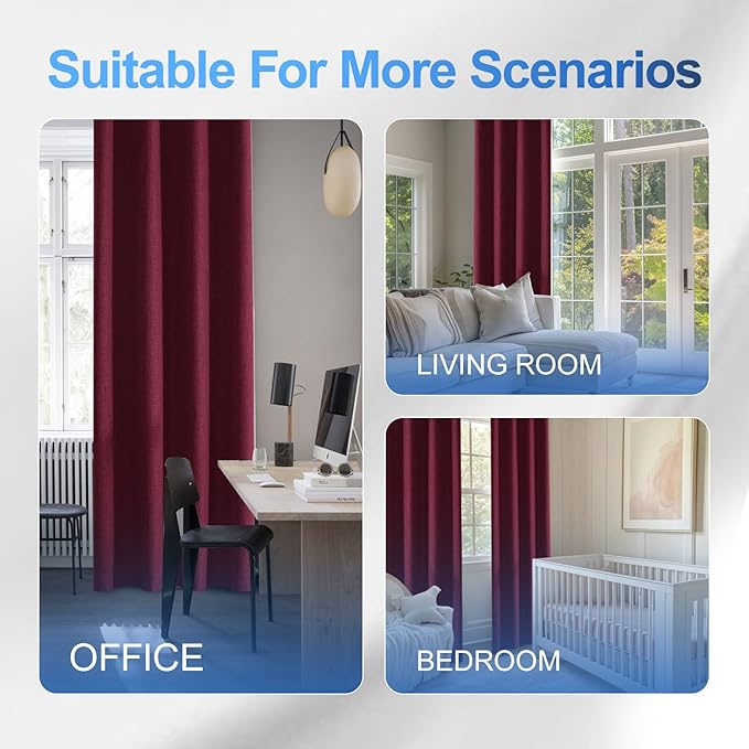 Linen 100% Blackout Curtains for Bedroom, Black Out Curtains 45 Inch Long, Room Darkening Curtains for Living Room, Long Curtain Grommets Drapes, Thermal Curtains(2 Panels, Burgundy)