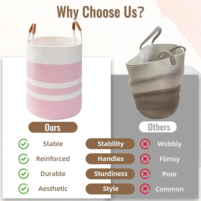 60L Striped Laundry Basket, Pink Laundry Hamper with Leather Handles, Woven Cotton Rope Storage Bin for Blankets, Nursery Hamper for Clothes, Toys In Bathroom, Livingroom, Bedroom
