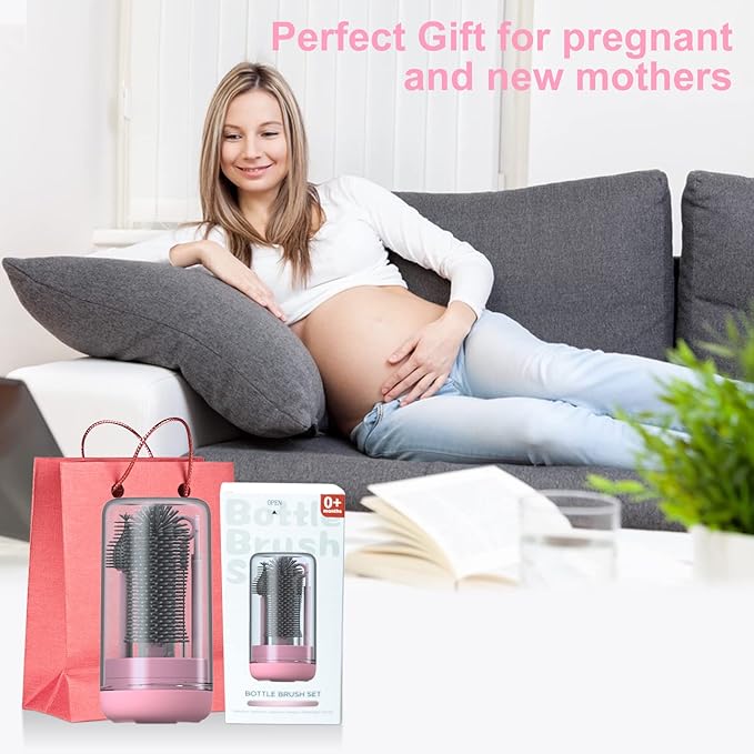 WHNL Travel Baby Bottle Brush Set with Extendable Silicone Bottle Brush,Nipple Brush,Staw Brush,Baby Bottle Soap Dispenser,Gift for Newborn Mothers, Suitable for Travel and Home(Peach Pink)