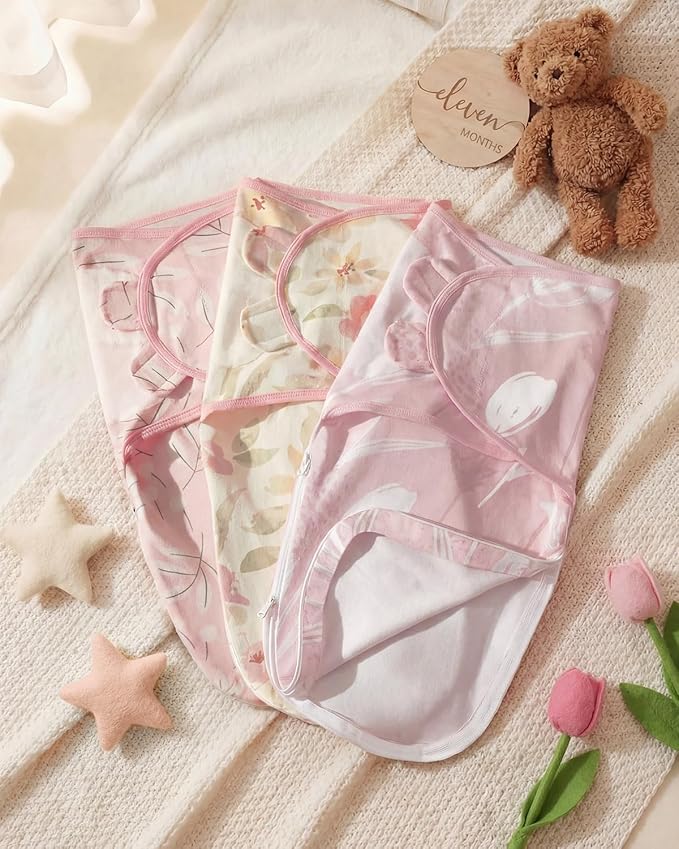 Baby Swaddles for Newborns with Zipper, 100% Cotton Newborn Swaddle Sack, 3 Pack Baby Swaddles 0-3 Months Swaddle Sleep Sack for Newborn Baby Boy Girl Pink Flower