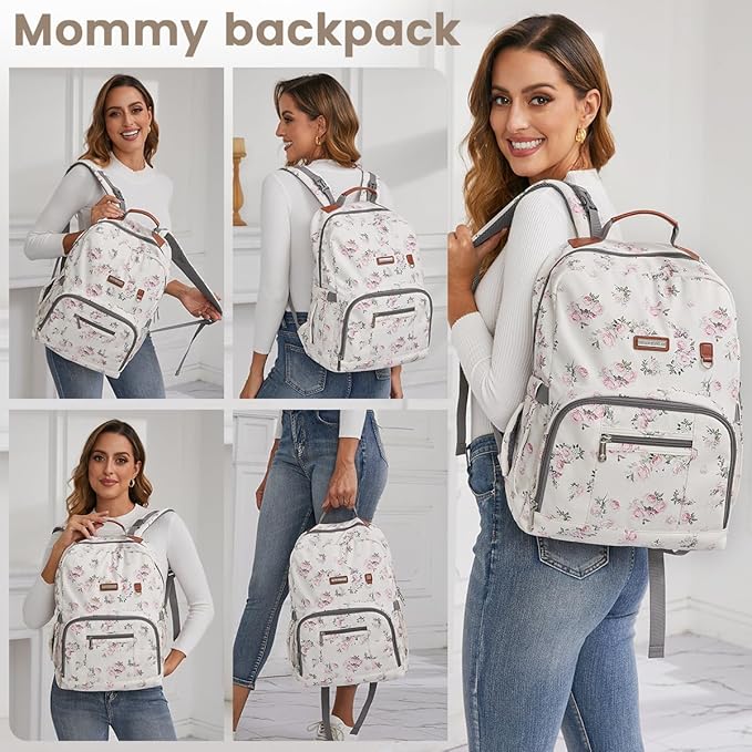 Diaper Bag Backpack, Large Baby Nappy Bags with Portable Changing Pad for Boys and GirlsMultifunction Travel Baby Bag for Moms Dads, Shower Gifts Waterproof and Stylish,Flower Beige