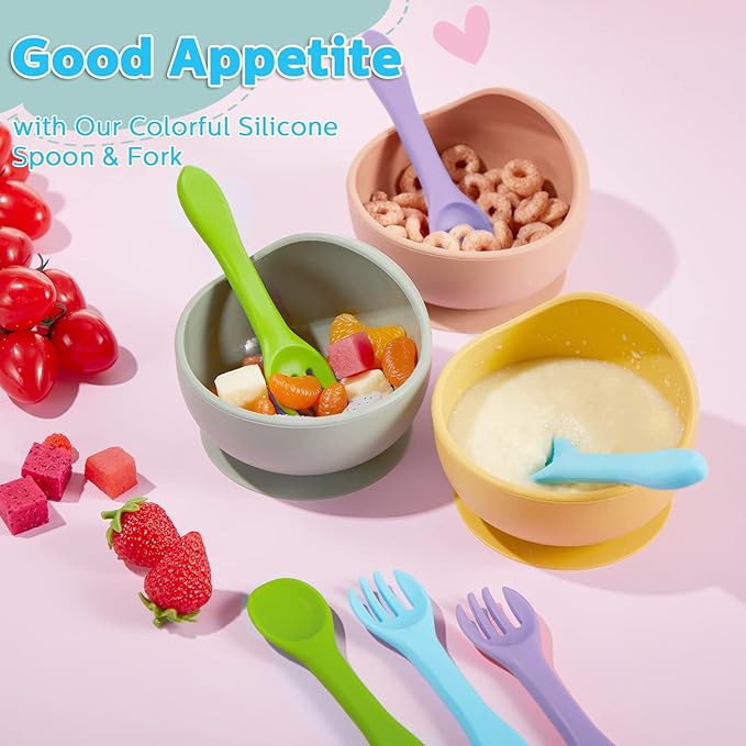 Nuenen 6 Pieces Silicone Baby Feeding Forks and Spoons Set Hot Safety First Stage Self Feeding Supplies Mini Kids Utensils for over 6 Months Babies Boy Girl Toddlers First Foods (Primary Color)