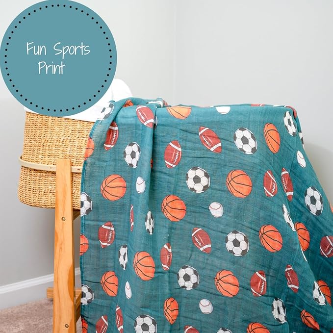 LollyBanks Muslin Swaddle Blankets, 100% Cotton Baby Swaddle Blanket for Boys, Large 47 x 47 Inches Newborn Swaddles, Soft and Breathable Baby Receiving Blankets, Registry (Sports Theme Print)