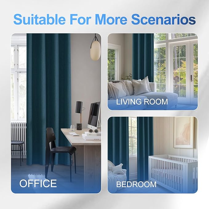 Linen 100% Blackout Curtains for Bedroom, Black Out Curtains 96 Inch Long, Room Darkening Curtains for Living Room, Long Curtain Grommets Drapes, Thermal Curtains (2 Panels, Dark Green)