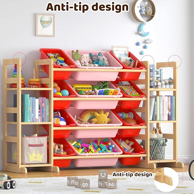 Large Toy Storage Organizer Kids Toy Organizer and Bookshelf Combo with 12 Bins and 6 Shelves Toy Organization Box Toy Shelf for Playroom, Bedroom, Nursery