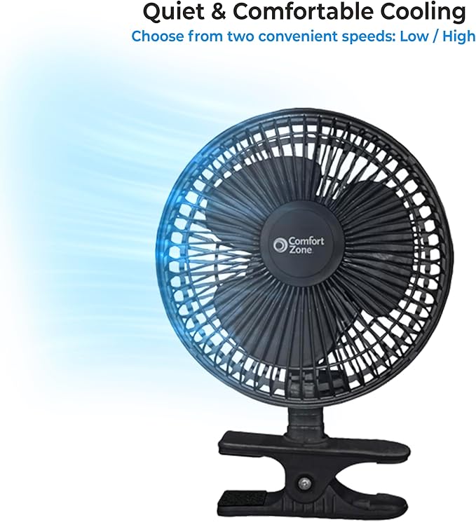 Comfort Zone Portable Clip on Stroller Fan, 6 inch with Fully Adjustable Tilt, Quiet 2 Speed Bedside Fan, Mini Desk Fan, Table Fan, Easily Clip on to Desk, Stroller or Bedroom Nightstand, Black