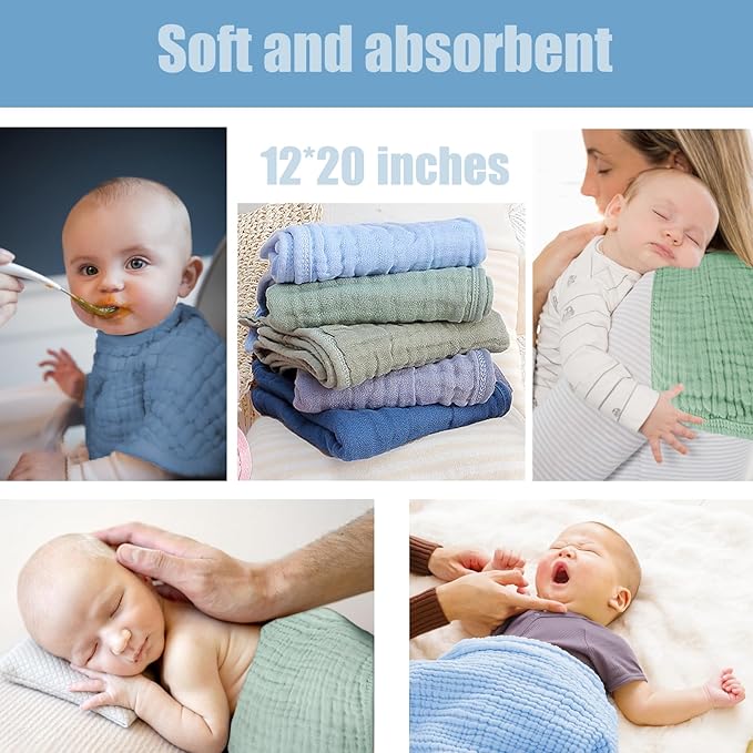SnugOre Muslin Burp Cloths 5 Pack Large 20x12 inches Baby Burping Cloths, 6-Layer 100% Cotton for Newborn Boys Girls, Ultra Soft & Absorbent (Blue & Green)