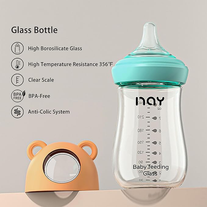 yanyoyo Natural Glass Baby Bottle for Breastfeeding Babies, 8oz Anti-Colic Baby Bottle with Natural Response Nipple(M), Clear, Wide Neck, 2 Pack, 3 Months+