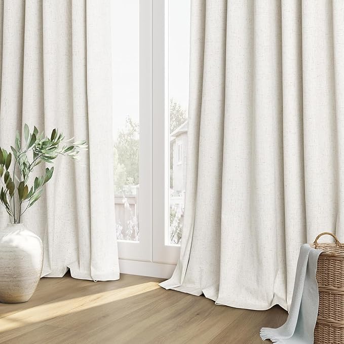 Guken 100% Blackout Cream Linen Curtains 52 Inch Wide by 142 Inch 2 Panels Set for Living Room Bedroom Back Tab Thermal Insulated Black Out Linen Drapes Room Darkening Window Curtains