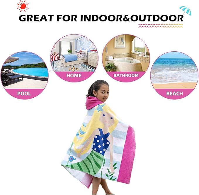 BANGSAUR Hooded Towel for Kids, 100% Cotton Soft and Absorbent, Pool Bath Beach Swim Towel Wrap, Bathrobe Coverups for Girls and Boys, Extra Large:30"×50"(Yellow Hair Mermaid)