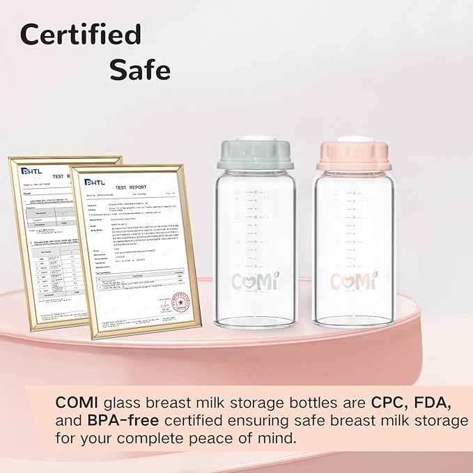 COMI Natural Glass Baby Bottle,Standard Neck Breastmilk Storage Bottle for Fridge,Breast Milk Container,Breast Pump Bottle Compatible with Medela Breast Pump,BPA Free,4PCS(5.1oz,4 Gray Lids)