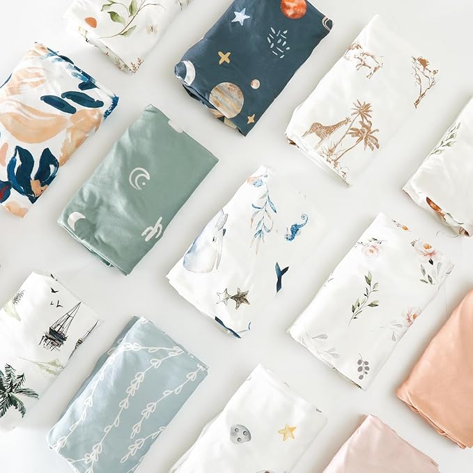 GRSSDER Stretchy Ultra Soft Jersey Knit Pack and Play Sheets 2 Pack, Portable/Mini Crib Sheets Universal Fitted for Playpen Mattress Safe and Snug, Cute Sea Fish & Space Print