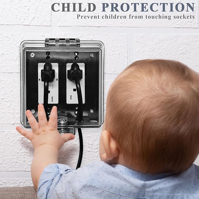2-Gang Baby Safety Dual Outlet Cover Box - Fit 1.3“ x 2.66”, Easier Operation, Simple 4 Step Install,Provides Extra Space Inside for Plugs,Adapters,4.53" high x 4.35" Wide x 2.52" deep