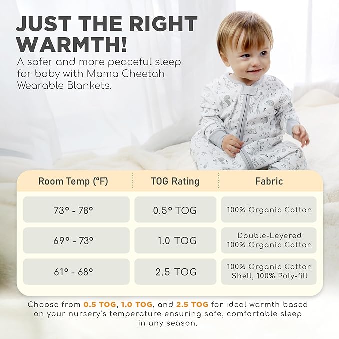 Mama Cheetah Toddler Sleep Sack with Feet, Long Sleeve 0.5 TOG Organic Cotton Baby Sleeping Bag with Legs, Wearable Blanket for Walkers w/ 2-Way Zipper, Toddler Blanket for Girls & Boys 2T