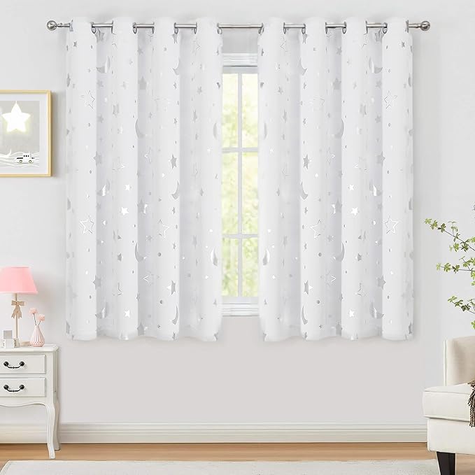 WUBODTI Kids Curtains Grey White Star 100% Blackout Curtains 2 Panel Set 45 Inches Long, Grommet Space Decor Cute Room Darkening Thermal Insulated Nursery Curtain Drapes for Bedroom Small Windows