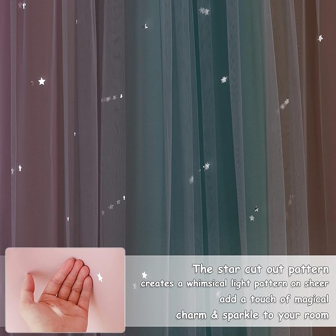 NICETOWN Kids Room Decor Curtains for Girls Nursery, Star Cut Princess Room Design Curtains with Versatile Styling Options for Backdrops (Pink & Yellow & Green & Pink, Each is W52 x L84, Sold by 2)