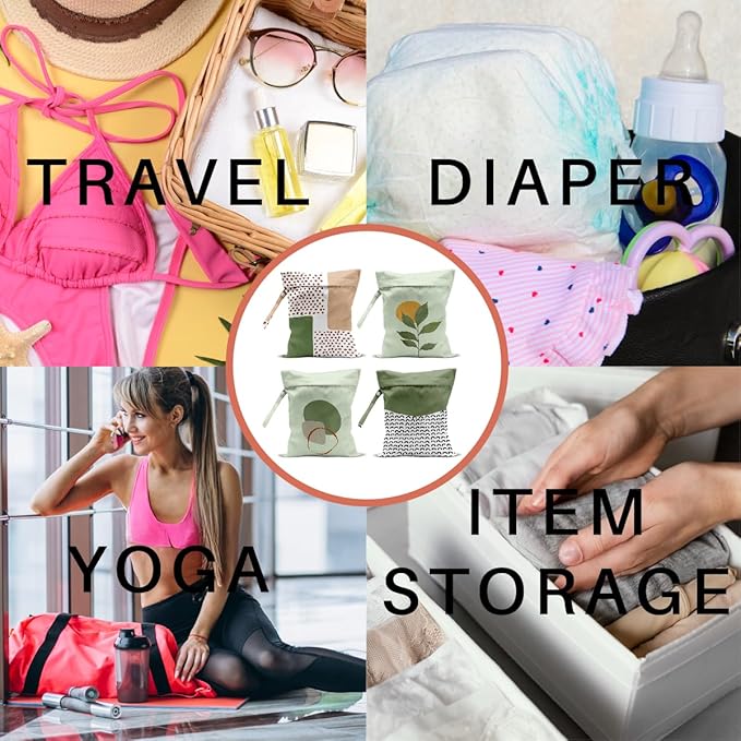 4 Pack Boho Green Abstract Botanical Wet Bag Waterproof Washable Reusable Wet Dry Bag for Swimsuit Dirty Clothes Diaper Travel Beach Pool Gym Camping Toiletries Beach Essentials,Modern Nordic Style