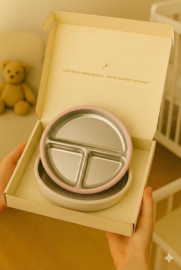 Stainless Steel Toddler Plate with Suction Set of 2, 8” Divided Plates with Removable Silicone Sleeves for Kids, Non Toxic & BPA Free | Non Slip | Unbreakable Baby Dishes, (Tofu & Pearl Blush)
