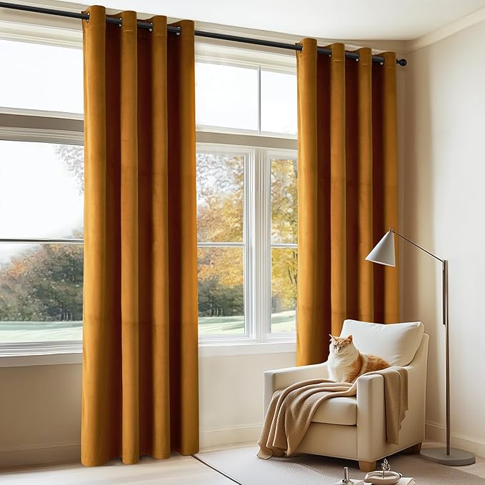 Topfinel Velvet Blackout Curtains 96 Inch Long,Room Darkening Soundproof Floor to Ceiling Gold Brown Curtains for Living Room Bedroom,Boho Heavy Crushed Velvet Home Decor Window Drapes 2 Panels