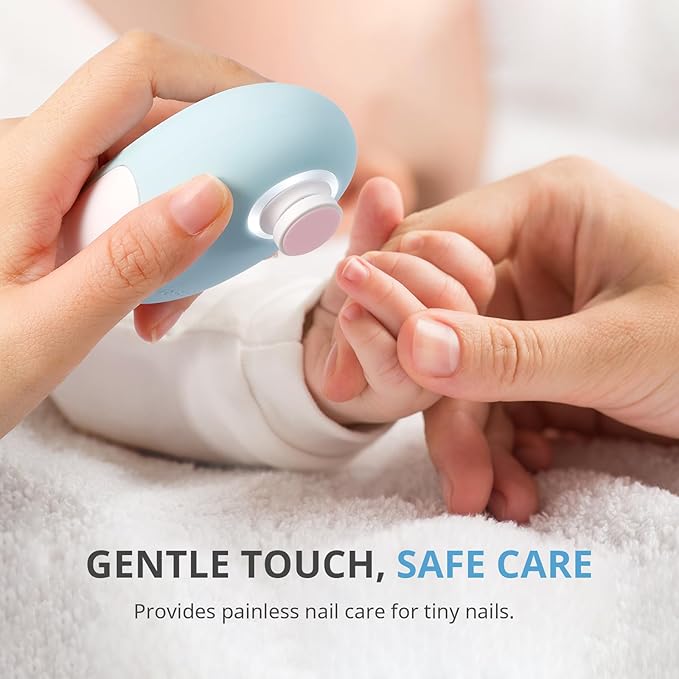 AIRSEE Premium Newborn Gift, Electric Baby Nail File, Cordless Safe Infant Nail Trimmer with 6 Replacement Pads, Magnetic Rechargeable Base, 360° LED Light, Baby Grooming Kit Gift (Light Blue)