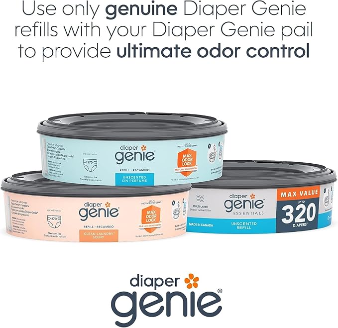 Diaper Genie Essentials Round Refill Pack of 4 | Holds Up to 1280 Newborn Diapers | Features Unscented Continuous Film | Compatible with Diaper Genie Complete and Expressions Pails