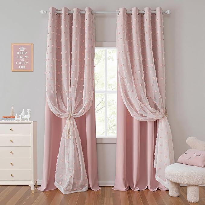 MYSKY HOME Long Curtains for Sliding Glass Door 95 Inch Long Pink Pom Pom Sheer and Blackout Curtain for Living Room Double Layer Room Darkening Window Panels for Girls Kids, Pink, 52" Wide, Set of 2