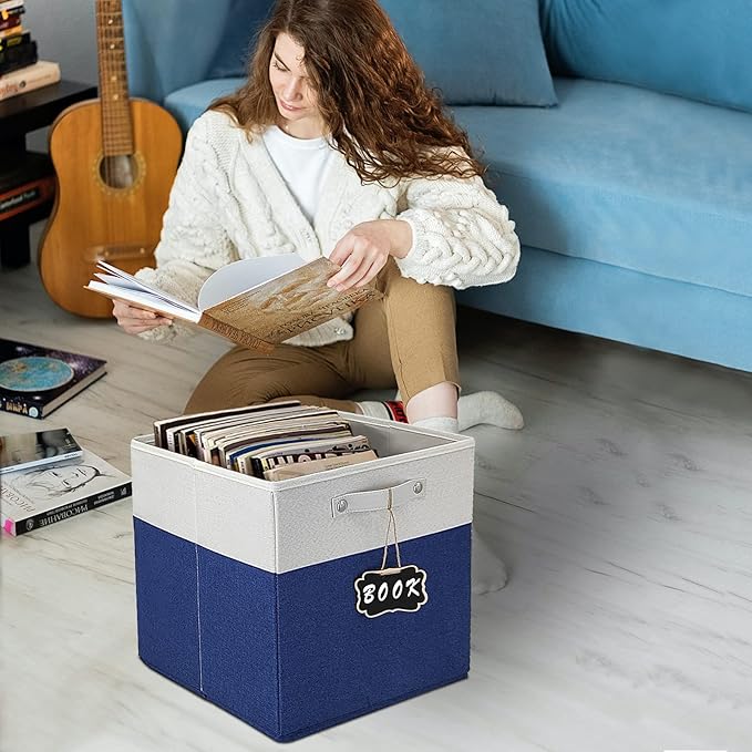 12x12 Collapsible Fabric Storage Cubes, Set of 4, White Blue, Linen Cardboard, 40 lbs Capacity, Kallax Compatible