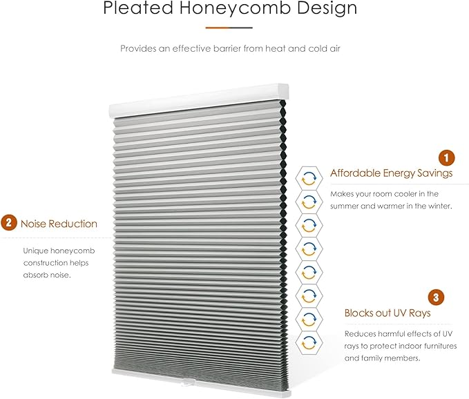 Changshade Cellular Shades Cordless Blackout Blinds for Indoor Windows, Honeycomb Blind Room Darkening Pleated Thermal Insulated 1.5 Inch Accordion Light Heat Blocking Easy Install, 38" Wx72 H, Grey