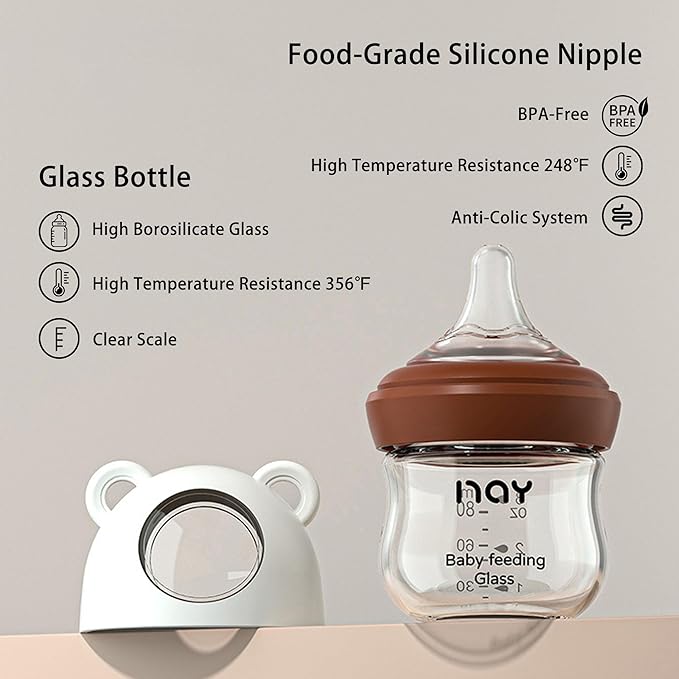 yanyoyo Natural Glass Baby Bottle for Breastfeeding Babies, 3oz Newborn Anti-Colic Baby Bottle with Slow Flow Nipples (SS), Clear, Wide Neck, 4 Pack, 0 Months+