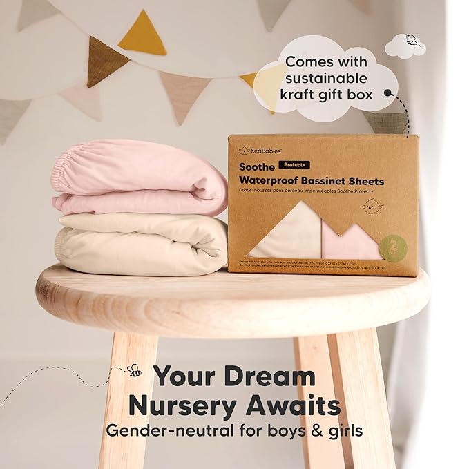 2-pk Waterproof Bassinet Sheets Girls, Boys, Cotton - 33x17 Universal Bassinet Mattress Pad Protector Cover, Compatible with Graco, Baby Delight, Chicco, Halo Bassinest Swivel Sleeper Fitted (Cameo)