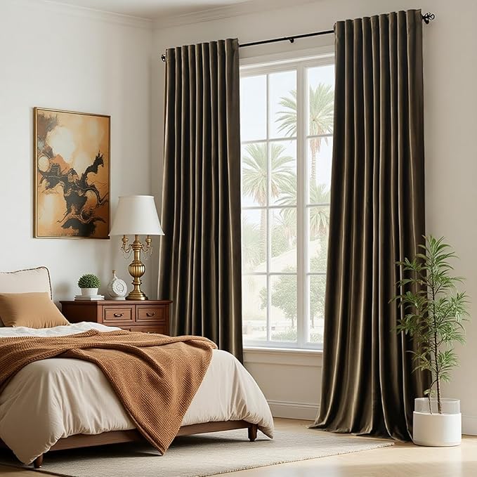 PRIMROSE 100% Full Blackout Brown Velvet Curtains 120 inch Long for Living Room,Set of 2 Liner Rod Pocket Back Tab Thermal Window Curtains Room Darkening Heavy Decorative Curtains Drapes for Bedroom