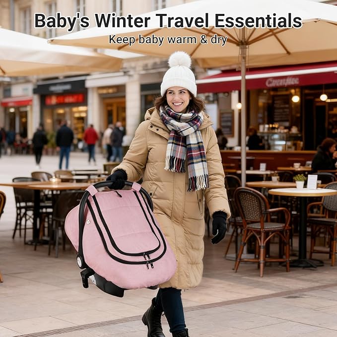 Rquite Car Seat Cover Baby, Winter Carseat Covers Boy Girl, Waterproof Infant Car Seat Cover Warm Car Seat Canopy for Cold Weather, Windproof Baby Carrier/Stroller Cover with 2 Layers Windows, Pink