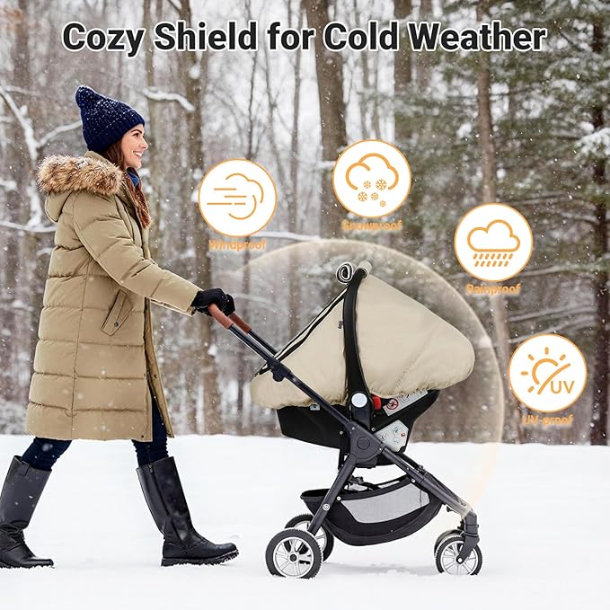 Rquite Car Seat Cover Baby, Winter Carseat Covers Boy Girl, Waterproof Infant Car Seat Cover Warm Car Seat Canopy for Cold Weather, Windproof Baby Carrier/Stroller Cover with 2 Layers Windows, Beige