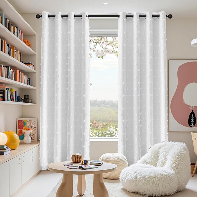 MEETSKY White Blackout Curtains for Girls Bedroom 84 Inch Length 2 Panels Set Total Room Darkening Drapes for Kids Thermal Insulated 100% Light Blocking Curtains with White Pom Pom Grommet,52W x 84L