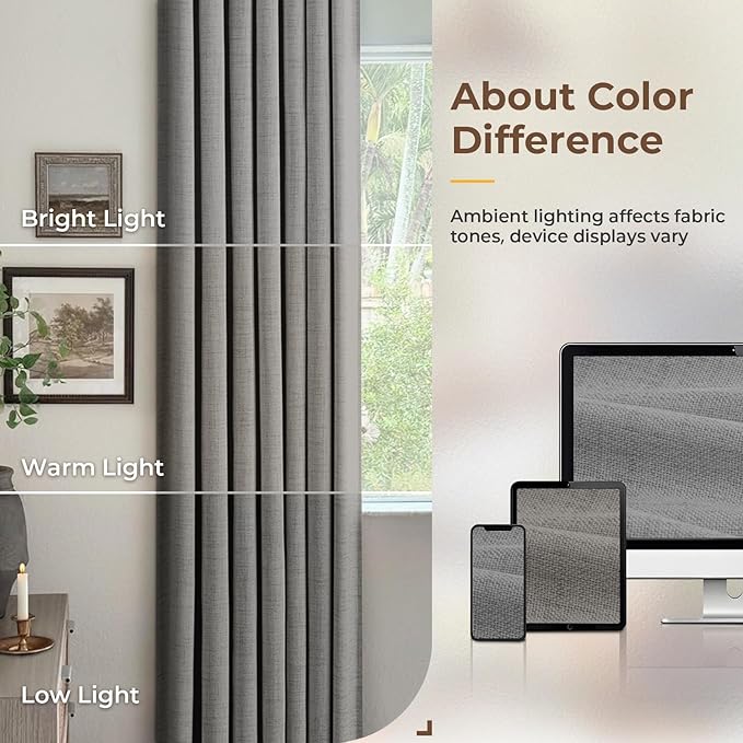 INOVADAY 100% Blackout Curtains for Bedroom, Black Out Curtains 90 Inch Long, Clip Rings Linen Blackout Drapes, Thermal Insulated Room Darkening for Living Room, 2 Panels - DarkgreyW50xL90