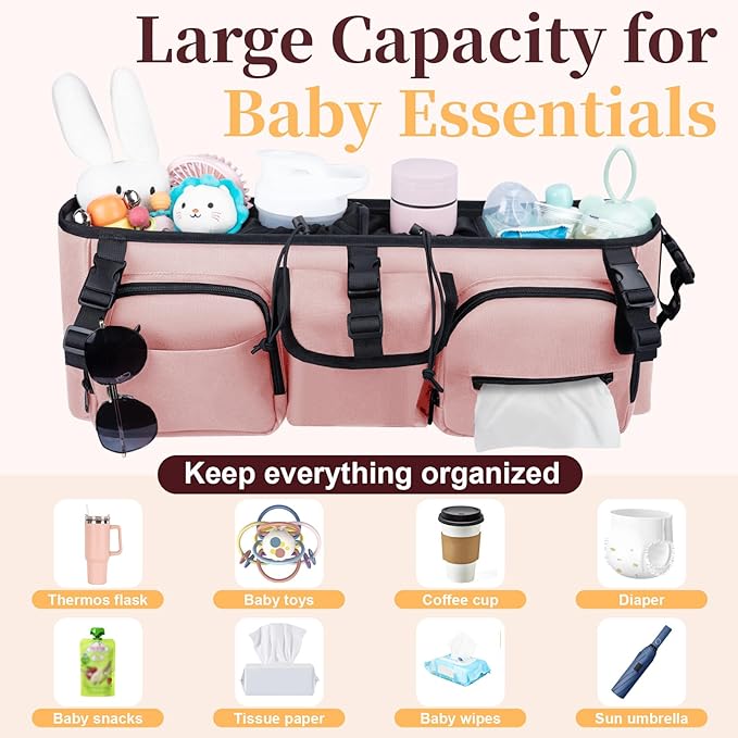 Double Stroller Organizer Compatible with Bob Duallie and Baby Jogger City Mini GT2, Double Baby Stroller Accessories with Cooler Bag, Parent Console Double Jogging Stroller Caddy, Pink