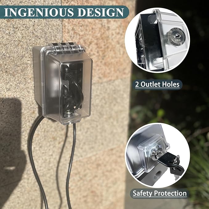 1-Gang Weatherproof Standard Electrical Outlet Cover with Lock, Baby Proof Outlet Lock Box, Fits Most 2.6 "H x 2.56 "W or Smaller Plugs,Clear Outlet Cover Box Fit for Outdoor in-Use (2pack)
