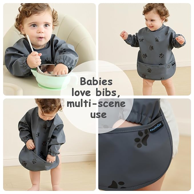 PewinGo Baby Bib with Long Sleeves Bib & BLW, Machine Washable & Soft and Skin-Friendly Material, Coverall Bibs for Baby Feeding, Waterproof and Easy to Clean, for Baby Infant Toddlers (Dark Grey)