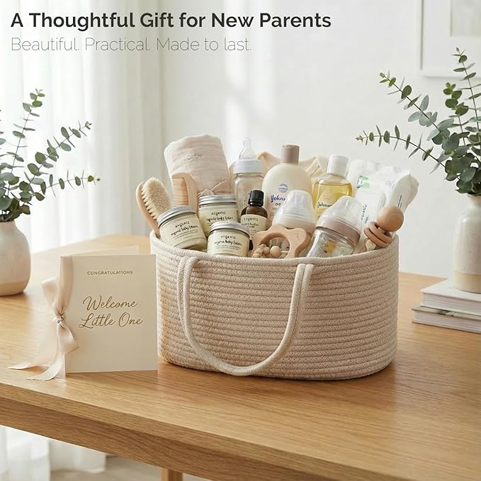 luxury little Diaper Caddy Organizer, Large Cotton Rope Nursery Baby Basket, Changing Table Organizer for Baby Diaper Storage, Portable Car Organizer Removable Divider (Oatmeal, Large)