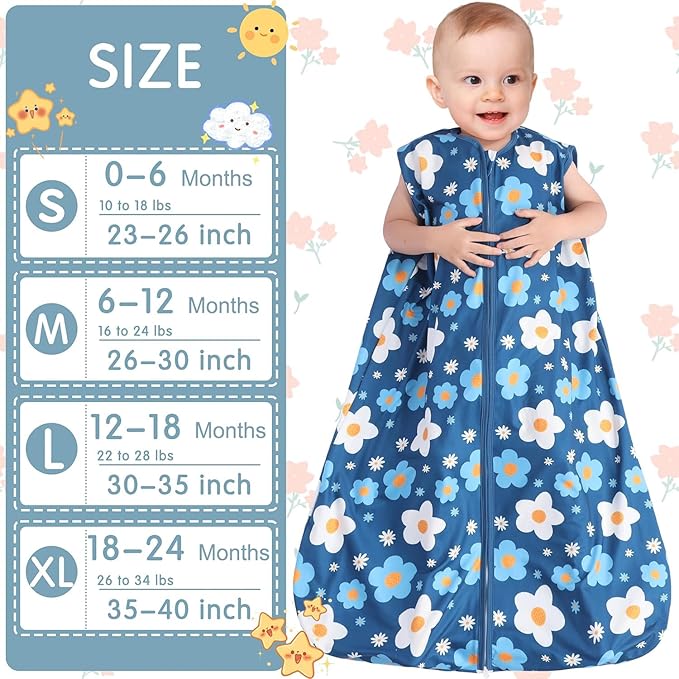 BSTOPPT 3 Pack Baby Sleep Sack 100% Rayon Cotton Baby Sleeping Bag 2-Way Zipper Toddler Wearable Blankets TOG 0.3. (Gerbera&Tulips&Pink, 6-12 Months)