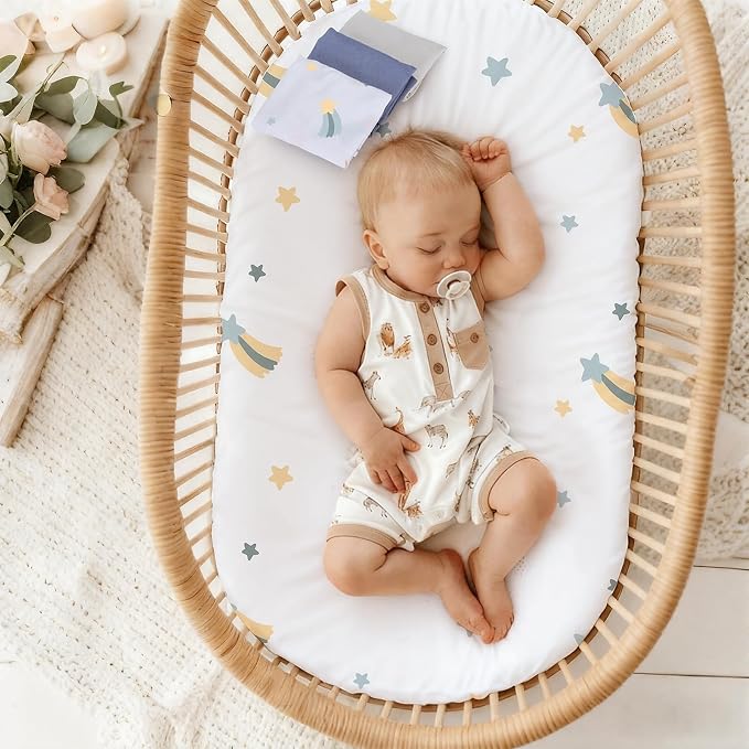 3 Pack Stretchy Bassinet Sheets - Universal Fit for Rectangle, Round, Oval, Hourglass Cradles & Moses Baskets - Soft Breathable Fitted Bassinet Sheets Set for Baby - Blue & Grey Star