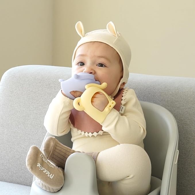 Moyuum Silicone Elephant Grip Hand Teether Toy | Made in Korea, Provides Teething Relief, Wearable Teether is Easy to Hold, Drop Resistant with Adjustable Wrist Strap, Babies 3+ Months, Yellow
