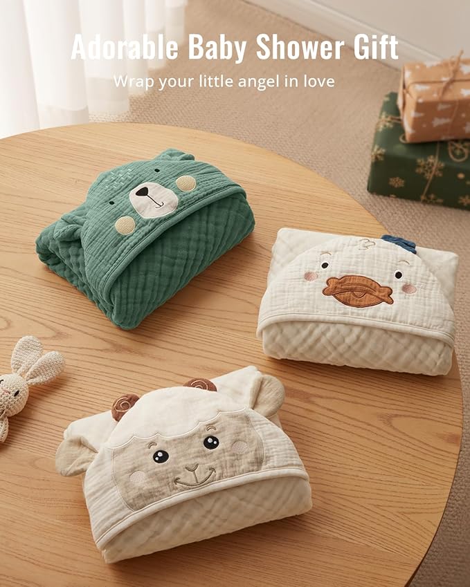 Blissful Diary Muslin Baby Hooded Towel 2 Pack, Soft & Absorbent Bath Towel for Infant, Toddler, Unisex, Baby Gift, Newborn Essentials, Bear & Duck