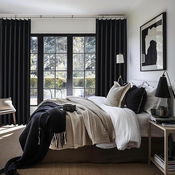 Unique Pinch Pleated Black Blackout Curtains 86 Inches Long for Living Room, Textured Linen Room Divider Window Curtain with Hooks Back Tab 2 Panels Set Thermal Thick Drapes 40" W x 86" L Length