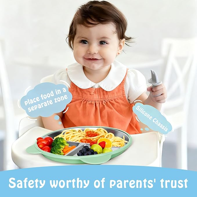 Thrseely 4 Pack Stainless Steel Toddler Plates with Suction - 9" Kids Divided Plates Removable Silicone Sleeves for Baby Led Weaning, Bear Ear Design Non Slip BPA-Free Dishwasher Safe