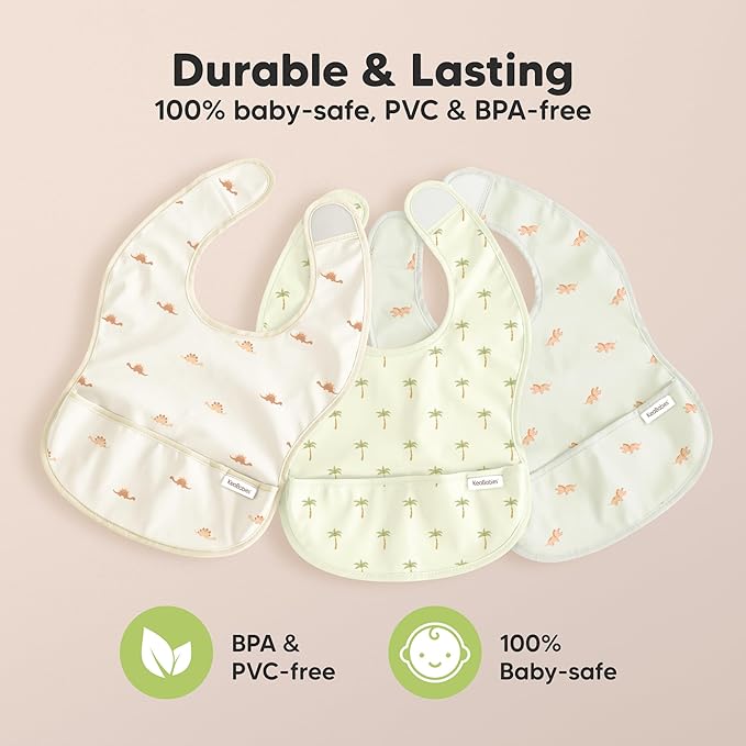 3-Pack Waterproof Baby Bibs for Eating - Lightweight Toddler Feeding Bibs with Large Food Catcher, Mess Proof, Food-Grade Baby Eating Essentials, Easy to Put On & Clean (Mesozoic)