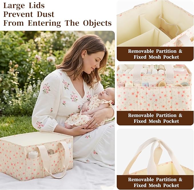 Baby Diaper Caddy Organizer with Portable Changing Mat-Portable Baby Organizers and Storage, Gift for Baby Shower, Baby Essentials Organizer with Removable Dividers (Pink Floral)