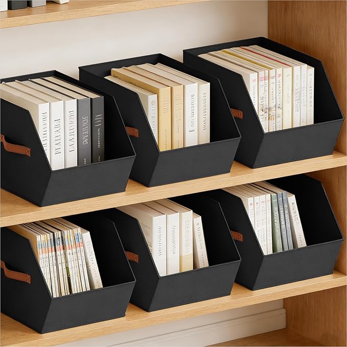 Large Closet Storage Cubes - Closet Storage Bins with Dual Handles for Clothes, Towels, Toys, Shelf Organizer Bins for Bedroom, Nursery, Shelves, Small Spaces, Black, 6 Pack