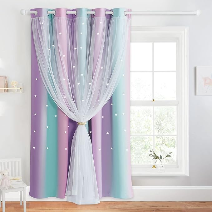 NICETOWN Girls Curtains 84 inches Long for Bedroom, Kids Star Cutout Rainbow Room Darkening Ombre Stripe Curtains for Baby Nursery/Sliding Glass Door, 1 PC, Blue & Purple & Pink, 70" W